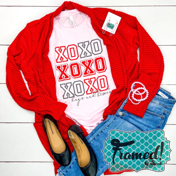 Soft Pink Short Sleeve XOXO Tee styled with a red cardigan and jeans