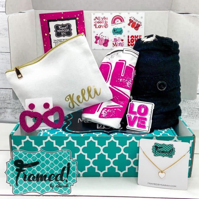 January Monogram box full of all the goodies displayed inside