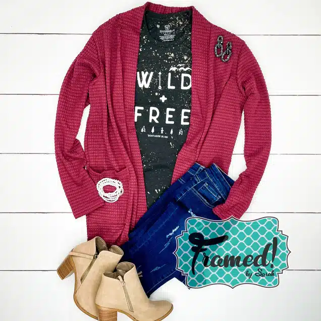 Charcoal "Wild and Free" tshirt styled with berry colored cardigan jeans, and tan booties
