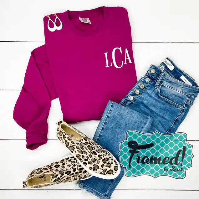 Monogrammed Long Sleeve Fuchsia Tee with Jeans and Leopard Print Shoes