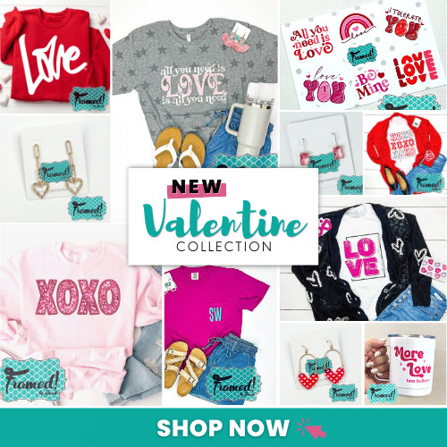 Grid of images displaying all sorts of Valentines merchandise. Pink and red sweatshirts, tshirts, jewelry, and stickers. "New Valentine Collection - Shop NOW"