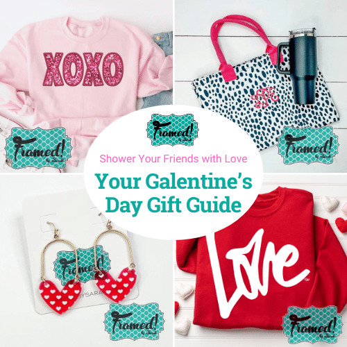 4 image grid with valentine theme tshirts, heart arrings, and pink printed tumblers. "Your Gelentine's Day Gift Guide