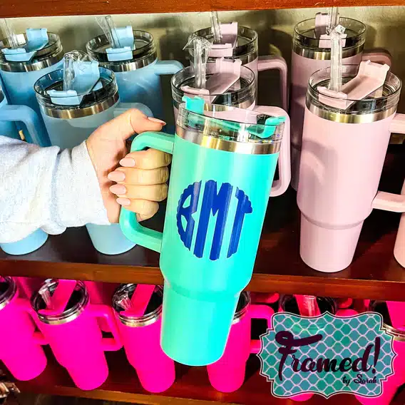 turquoise 40 oz tumbler with handle and straw - monogrammed with red lettering