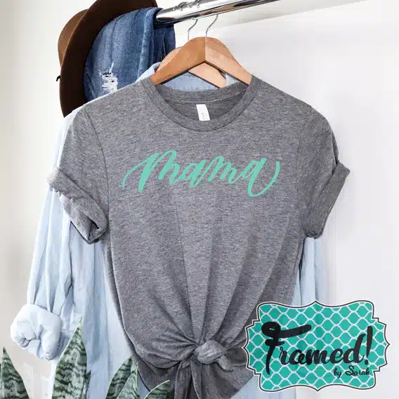 Gray tshirt with Mama in mint script font on the front