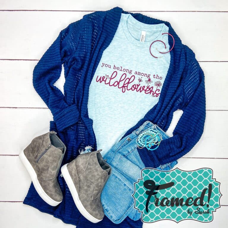 you belong among the wildflowers tee + navy lola cardigan + red beaded hoop earrings + jeans + gray wedge sneakers