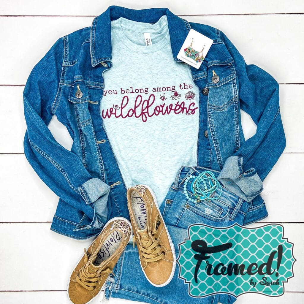 you belong among the wildflowers tee + denim jacket + teal jewelry + jeans + camel sneakers