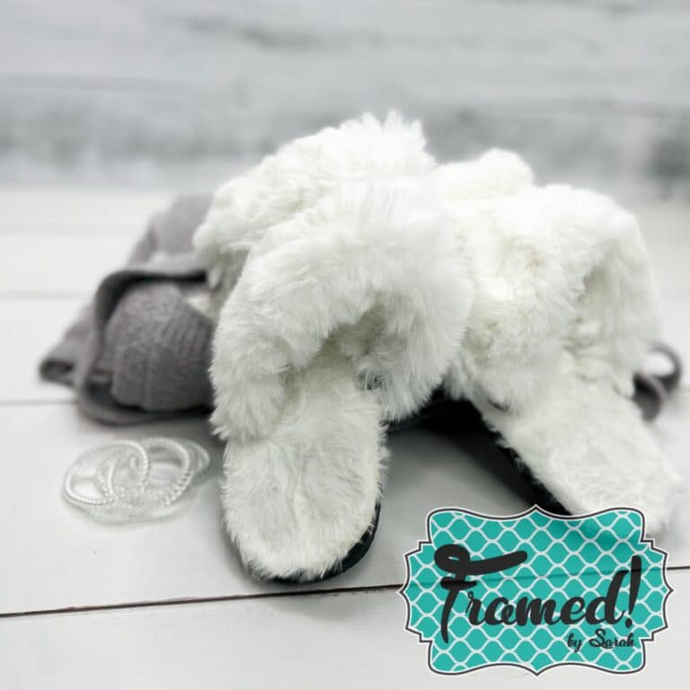 White Fuzzy Slippers and clear spiral hair things_Framed by Sarah