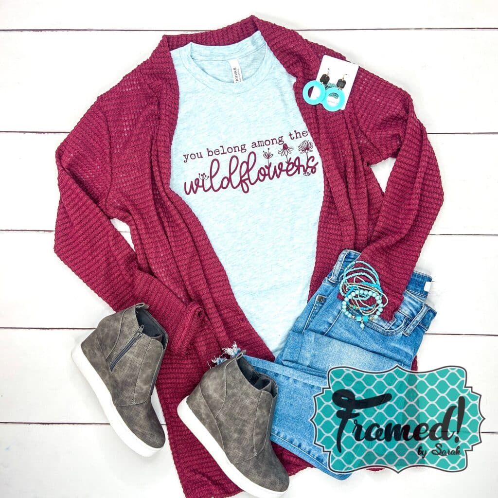 you belong among the wildflowers tee + berry lola cardigan + light blue acrylic hoop earrings