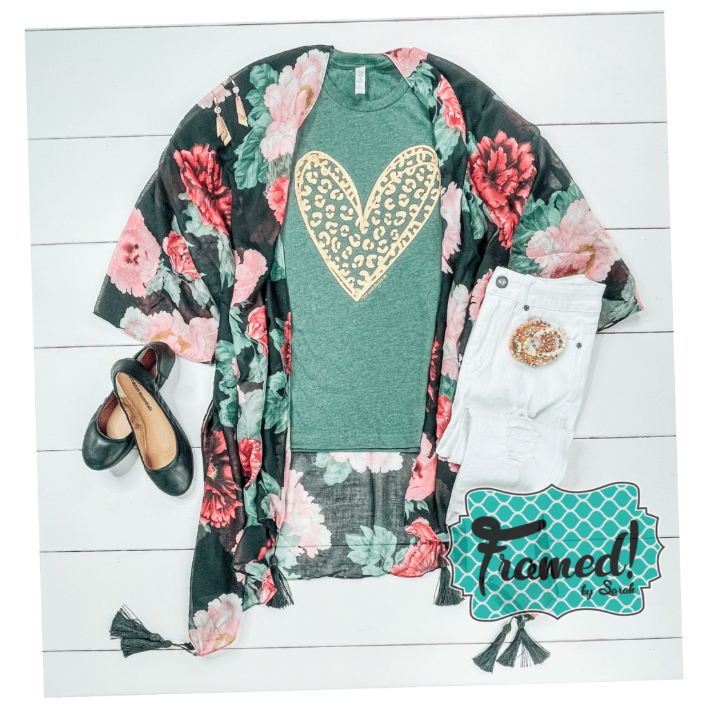 green tshirt with leopard heart styled with a black, pink and green floral print Kimono, white jeans and black flats.