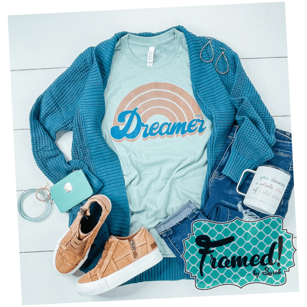 aqua "dream" tshirt styled with a teal cardigan, jeans, and sneakers