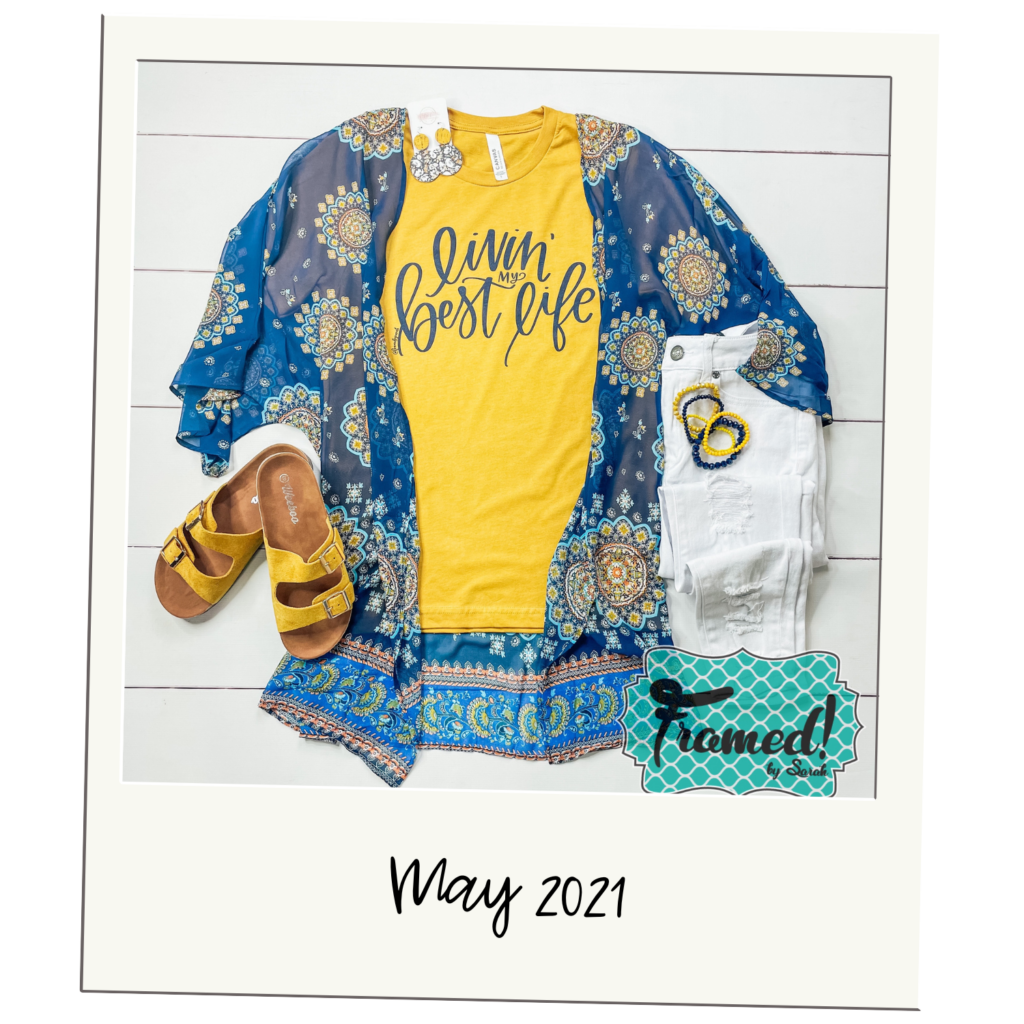 Polaroid of a Yellow tshirt a blue printed kimono "May 2021"