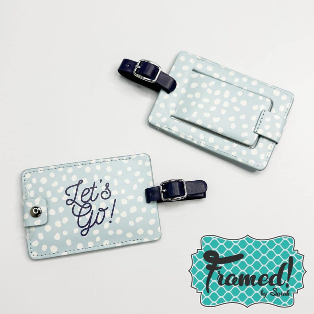 pale blue and white polka dot luggage tags with "lets go" on the front