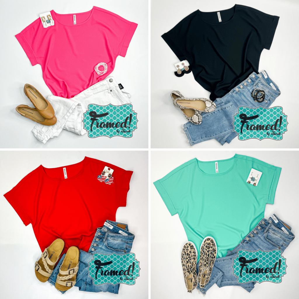 Rolled Sleeve Top Collage. Shirts in pink, black, red, and teal