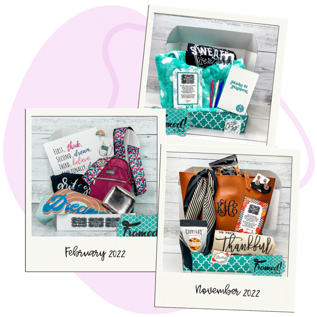 lilac blog image behind 3 Polaroid pictures of past Monogram Boxes