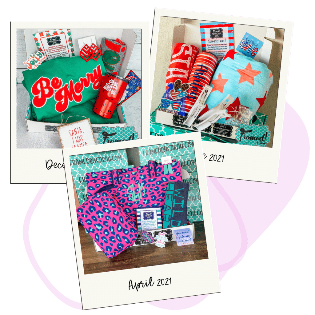 lilac blog image behind 3 Polaroid pictures of past Monogram Boxes