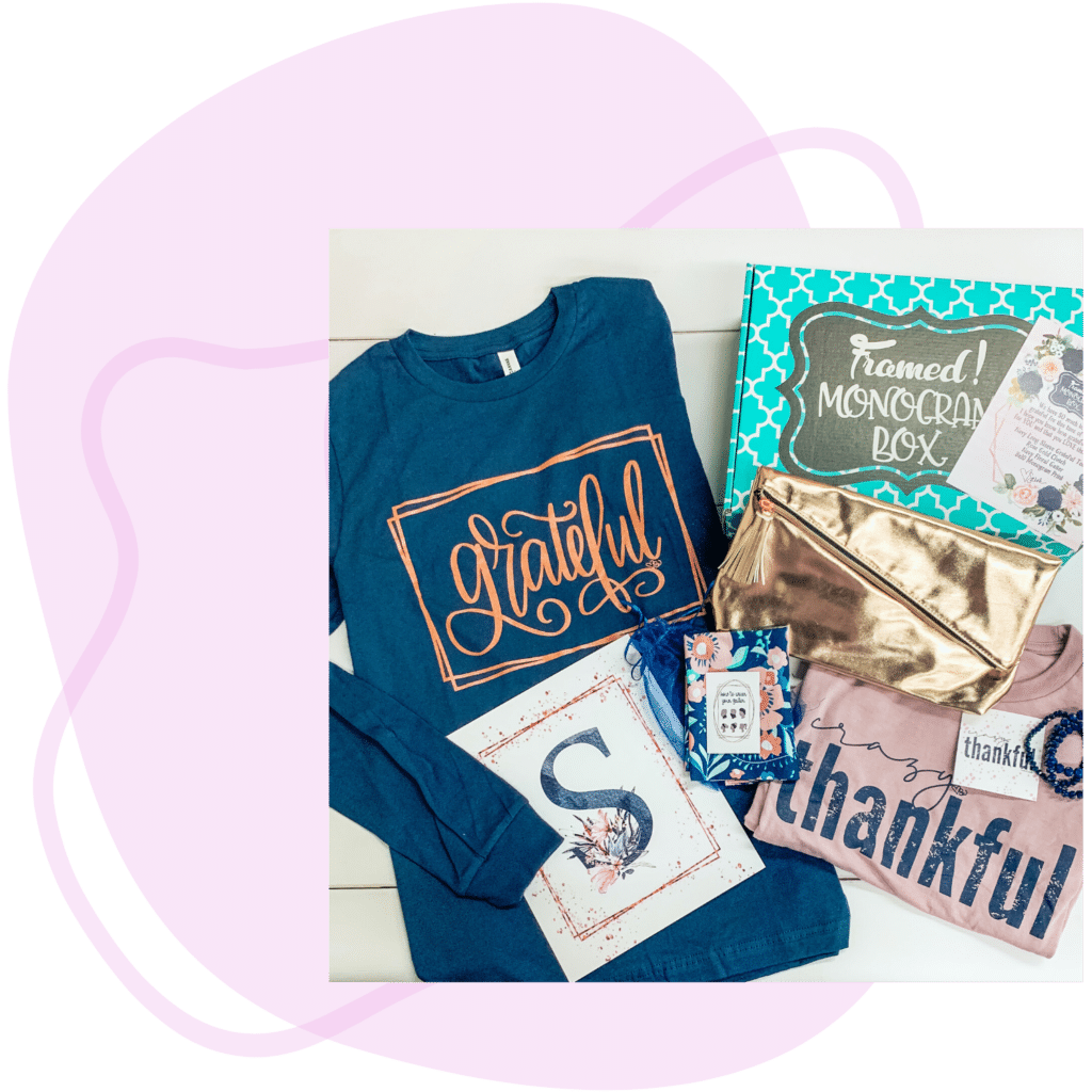 lilac blob image behind a monogram box image - T"greatful Navy blue tee, Thankful lilac tee, gld clutch, and monogram box