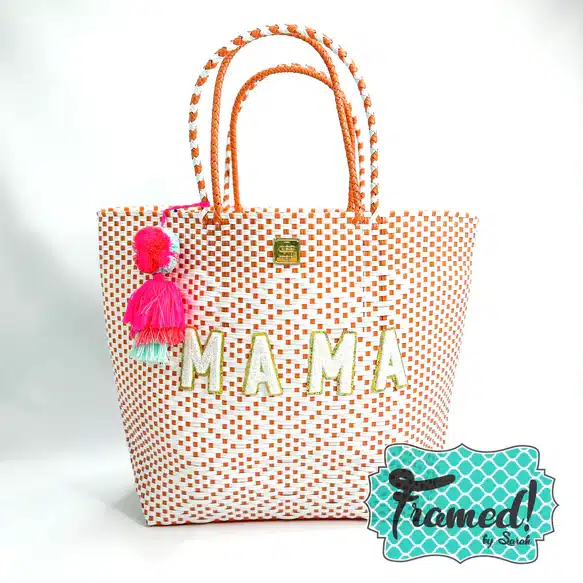 Orange and white woven back with "mama" on the front