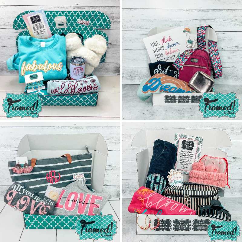 4 image grid of Monogram Boxes loaded up with all their goodies like "fabulous" sweatshirt, monogrammed bags, custom graphic tees, slippers, travel essentials and more