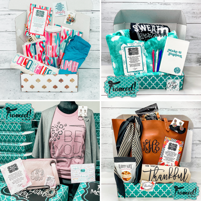 4 image grid of Monogram Boxes loaded up with all their goodies like Kate Spade tumbler& notebook, monogrammed bags and tees, kimonos, custom graphic tees, fluffy teal blanket, accessories and more