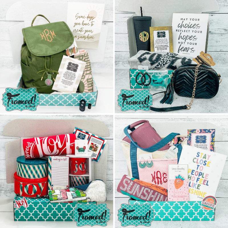 4 image grid of Monogram Boxes loaded up with all their goodies like holiday tins and mugs, monogrammed backpack, monogrammed totes and tumblers, coozies, wristlets, custom graphic tees, accessories and more