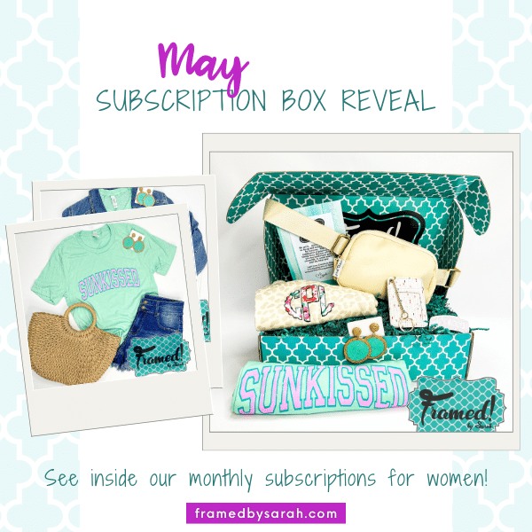 Full subscription box and tshirt polaroid images on a graphic with the words "May Subscription Box Reveal - See inside our monthly subscriptions for women"