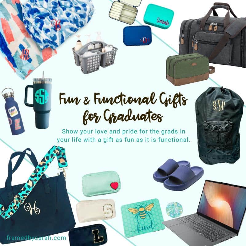 Graphic of all of the graduation gifts around the words "Fun and Functional Gifts for Graduates"