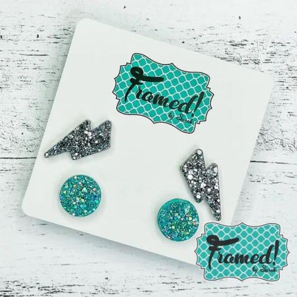 Set of 2 Lightning Bolt & Turquoise Glitter Stud Earrings