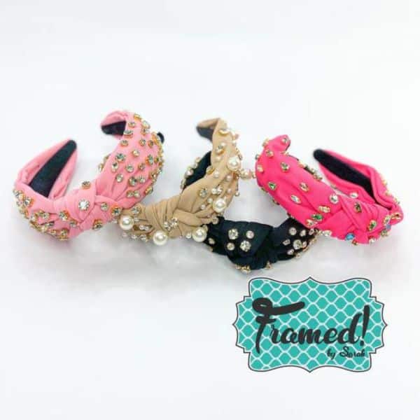 Jeweled Headbands in pink, hot pin, beige, and black displayed on a white surface