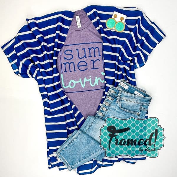 Purple "summer lovin" tee styled with navy and white striped kimono, button fly jeans, and turquoise earrings