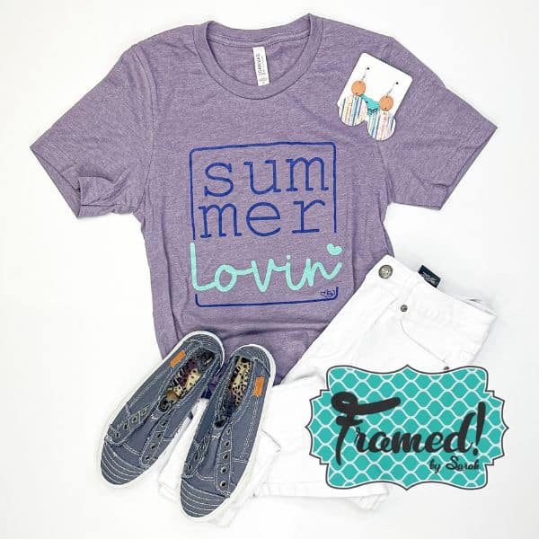 Purple "summer lovin" tee styled with white distressed jeans, navy sneakers, and colorful earrings
