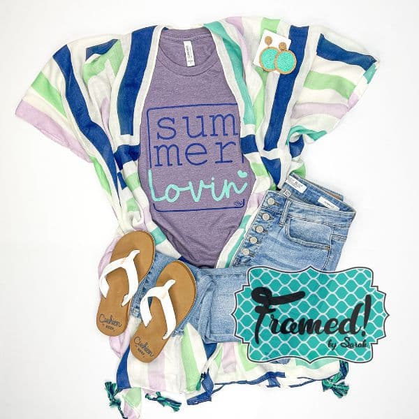 Purple "summer lovin" tee styled with striped kimono, white sandals, jeans, and turquoise earrings