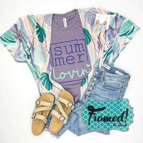 Pastel leaf print kimono styled with purple "Summer Lovin" tee, jeans, earrings, and tan sandals