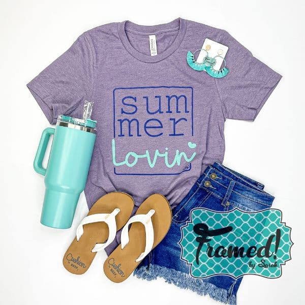 Purple "summer lovin" tee styled with jean shorts, white flip flop sandals, turquoise tumbler, and turquoise earrings