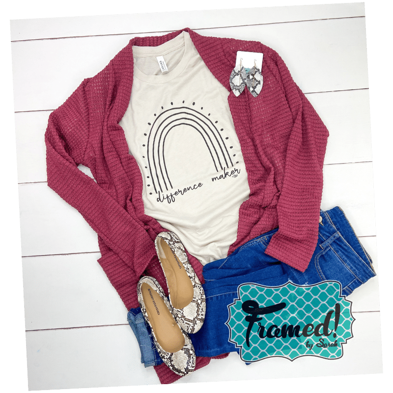 Difference Maker Rainbow teacher t-shirt styled with a berry cardigan, jeans, and snake skin ballet flats_Framed by Sarah Tees 4 Teachers