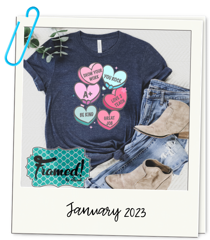 Polaroid of a navy conversation heart shirt styled with jeans and booties January 2023