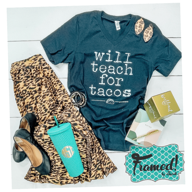 Will Teach For Tacos teacher t-shirt styled with leopard skirt and ballet flats