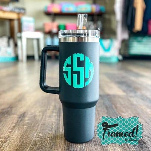 Black 40 oz Matte Tumbler with Handle and turquoise monogram_Fall Sports Mom Survival Guide Framed by Sarah