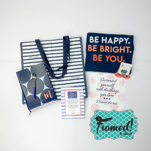 Navy and White Grocery Tote, blue dot monogram planner, blue pen, be happy. be bright. be you. Navy tee, orange earrings, displayed on a white background