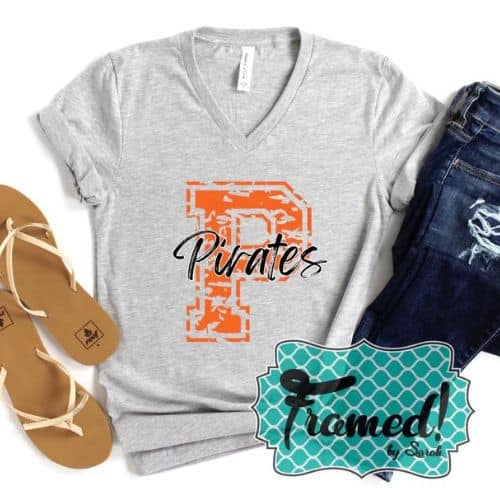 P Pirates gray vneck tee_Fall Sports Mom Survival Guide Framed by Sarah