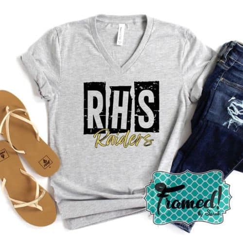 RHS Raiders gray vneck tee_Fall Sports Mom Survival Guide Framed by Sarah