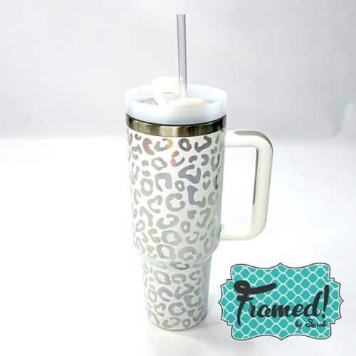 White Holographic Leopard 40 oz Tumbler with Handle_Fall Sports Mom Survival Guide Framed by Sarah