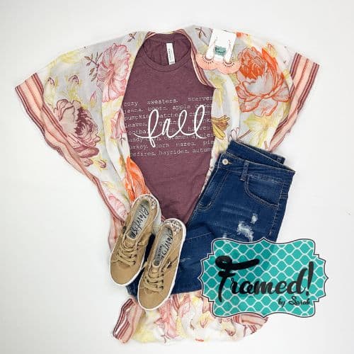 Plum All Things Fall t-shirt styled with colorful floral print kimono, distressed denim, camel sneakers and peach accessories