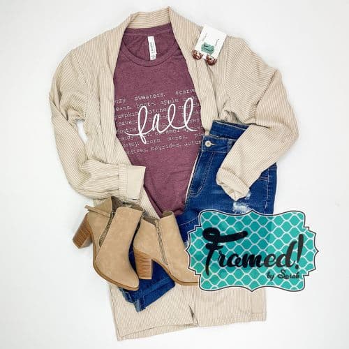 Plum All Things Fall t-shirt styled with cream cardigan, tan ankle boots, jeans, and neutral accessories