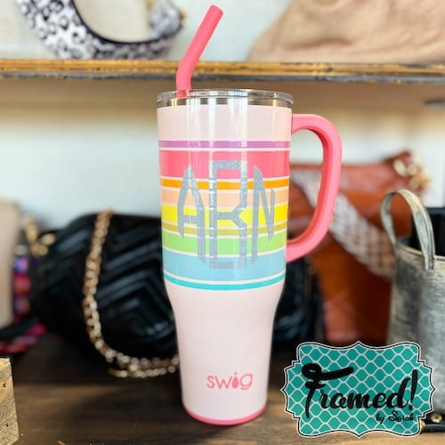 pink striped tumbler with monogram