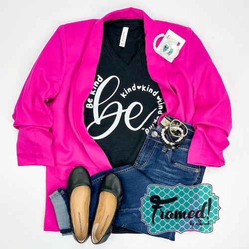 black "be kind" tshirt styled with hot pink blazer, jeans, black ballet flats, and beaded accessories