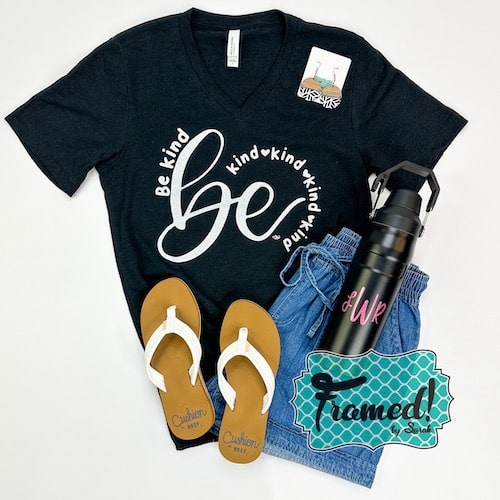 black "be kind" tshirt styled with jean shorts, white flop flops, black waterbottle with hot pink monogram, spotted earrings