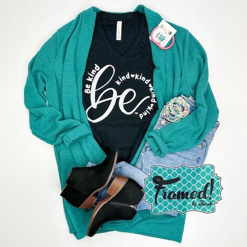 black "be kind" tshirt styled with teal cardigan, black booties, favorite high-waist skinny jeans, hot pink/colorful accessories