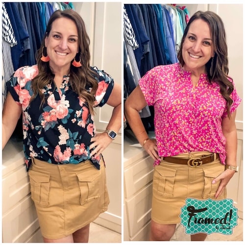  Sarah in Navy Floral Top + Dark Pink Floral Top + Khaki Carly Cargo Skirt