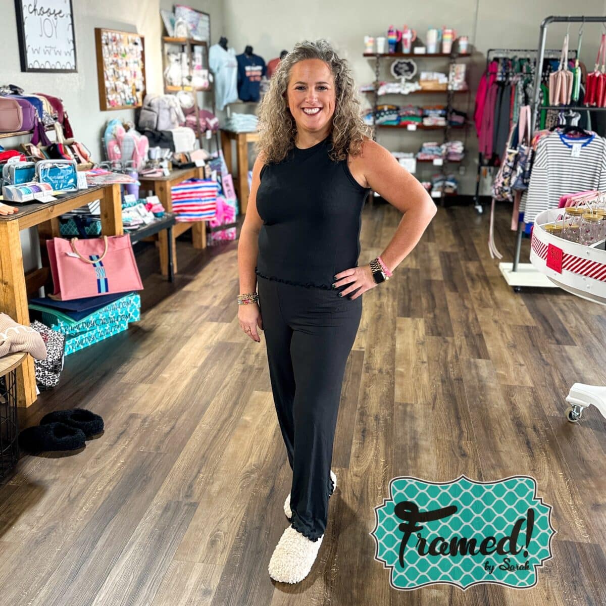 Lauren in Black Bliss Pajama Set + Oatmeal Curly Slippers