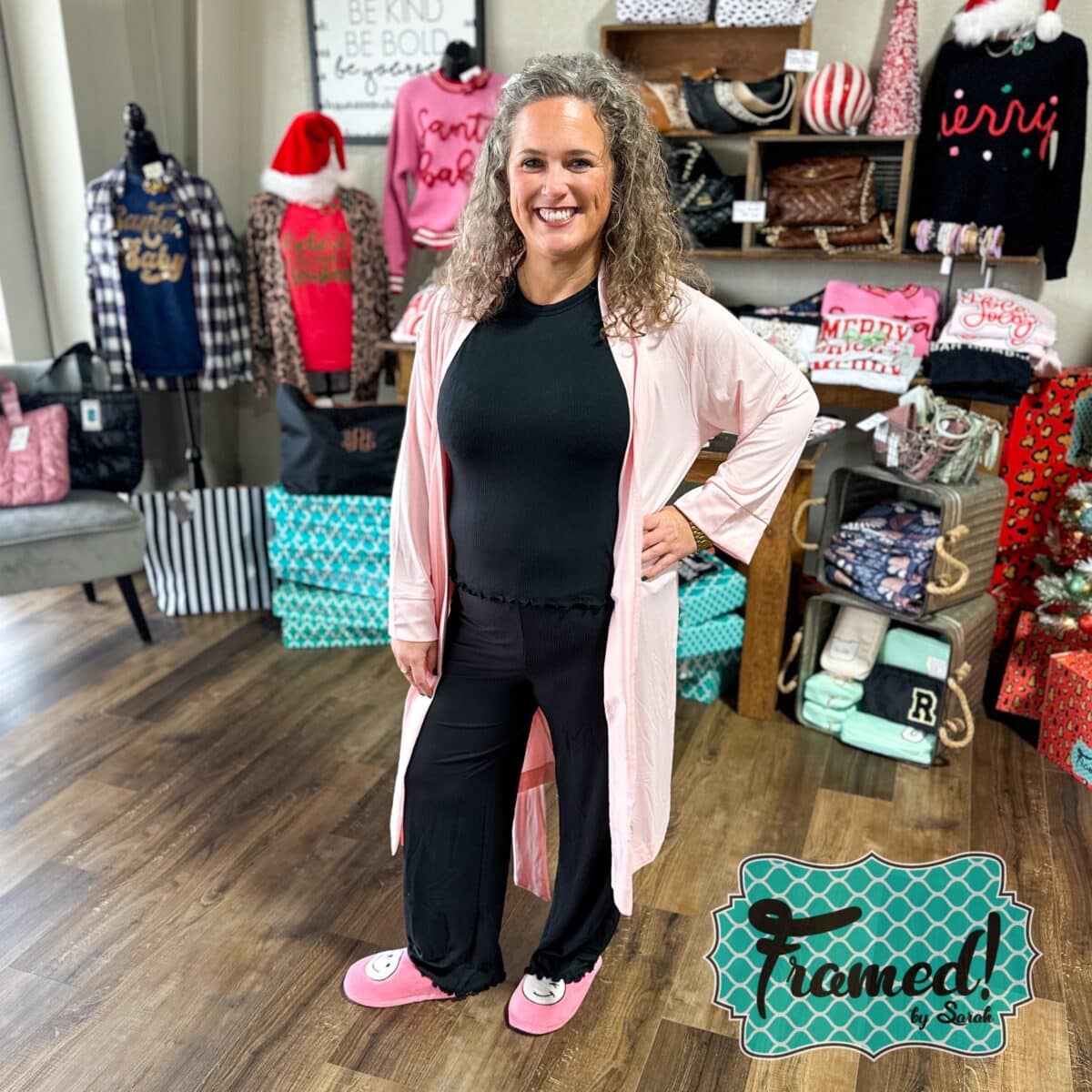 Lauren in Black Bliss Pajama Set + Pink Smiley Slippers + Light Pink Mid Length Robe